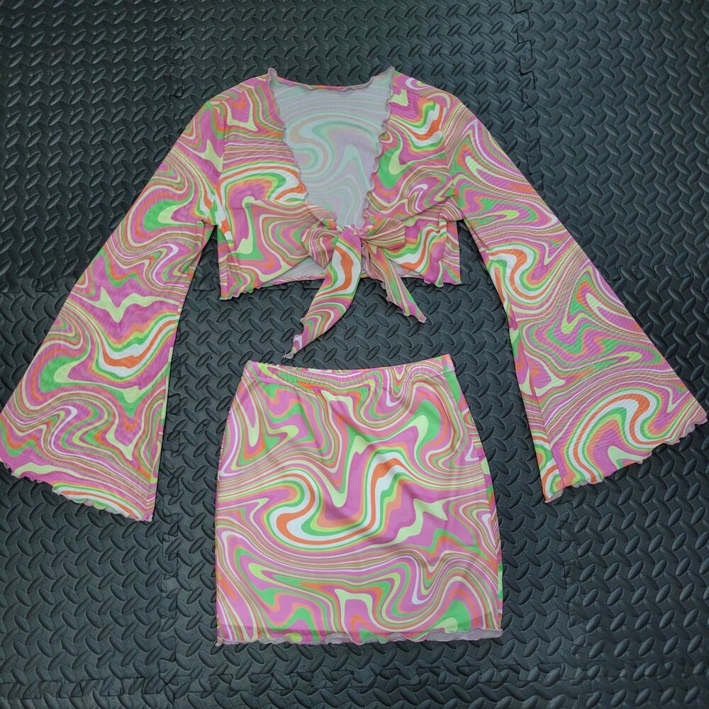 Psychedelic Swirl Mesh XS 2-Piece Set Crop Top & Mini Skirt Rave Festival Retro